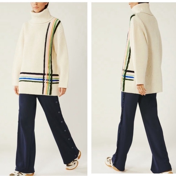 Tory Burch Sport Merino Wool Hand Embroidered Striped Turtleneck Sweater ✨ XS - Picture 6 of 7